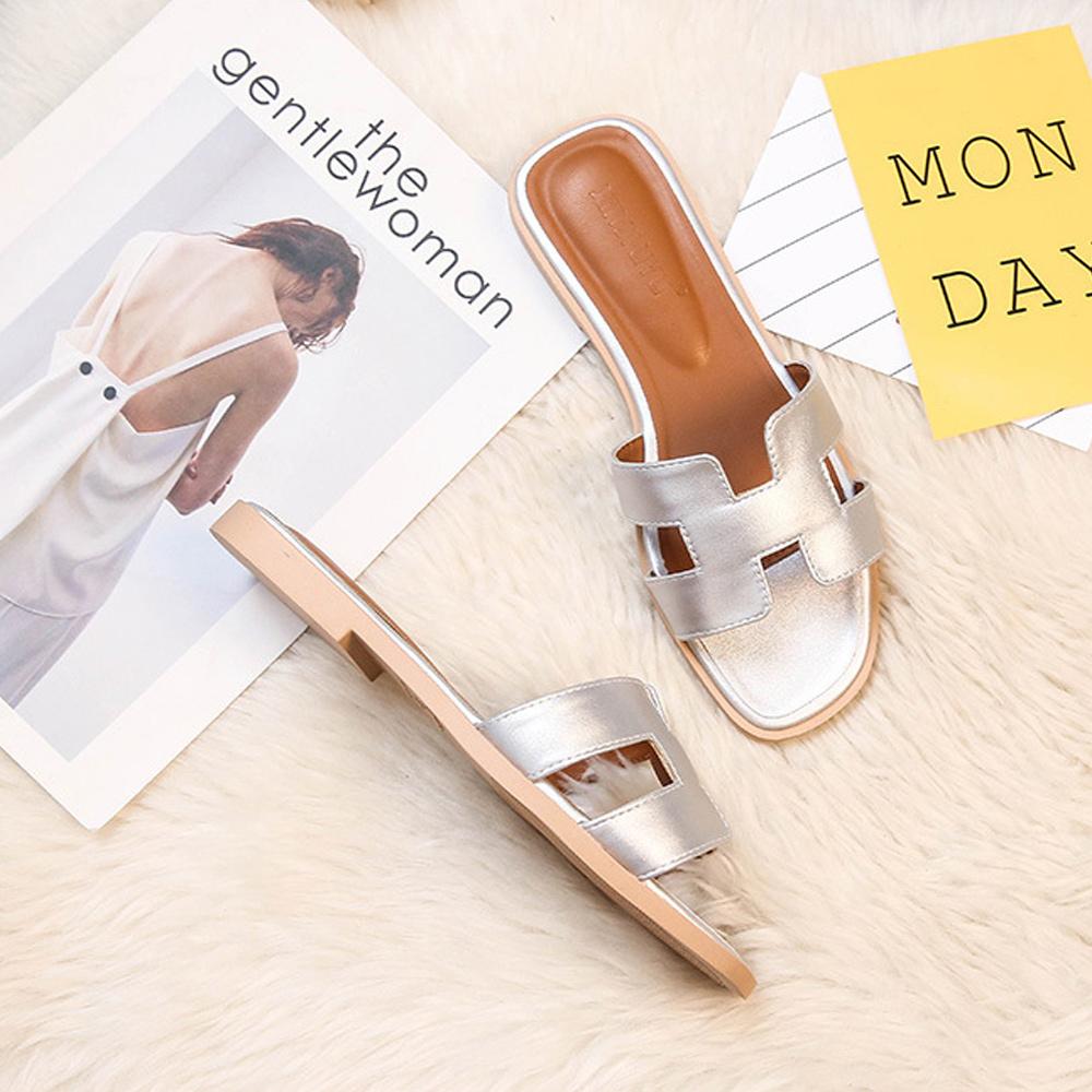 Women's Slip-On Sandals Flat Synthetic Leather Slide Slippers White Black Brown Pink Gold for Summer Beach Casual Everyday