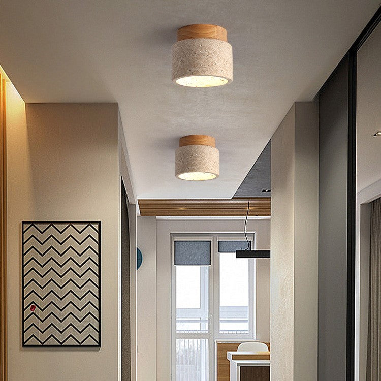 Flush Mount Stone & Wood Light Fixture 10 in Round Natural Beige for Low Ceilings Bedroom Entryway Cozy Overhead Lighting E26 Base