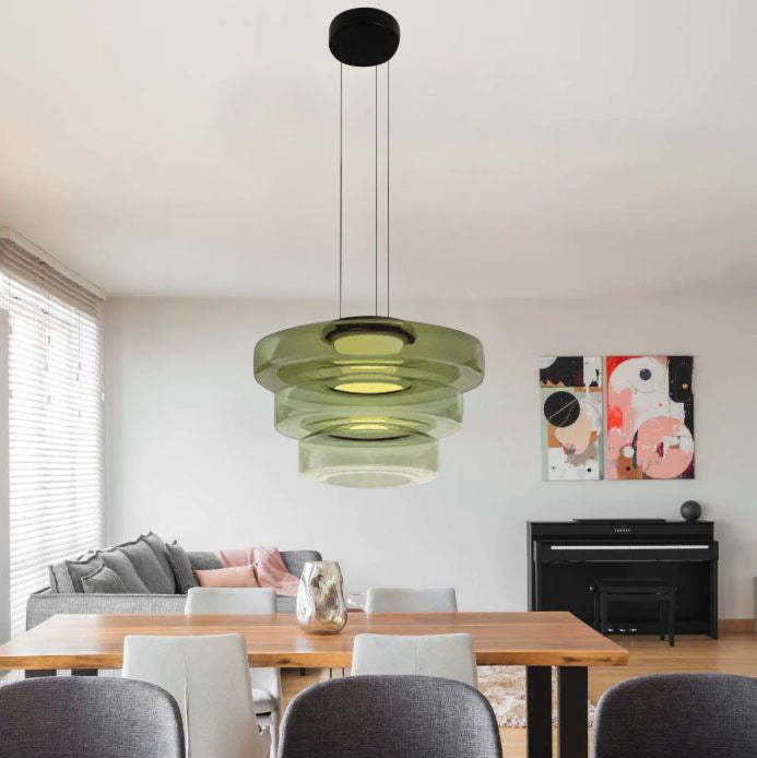 Stacked Glass Shade Ceiling Fixture 18 in Diameter Adjustable Height 12W Warm LED Kitchen Island Dining Room Modern Sculptural Hanging Light