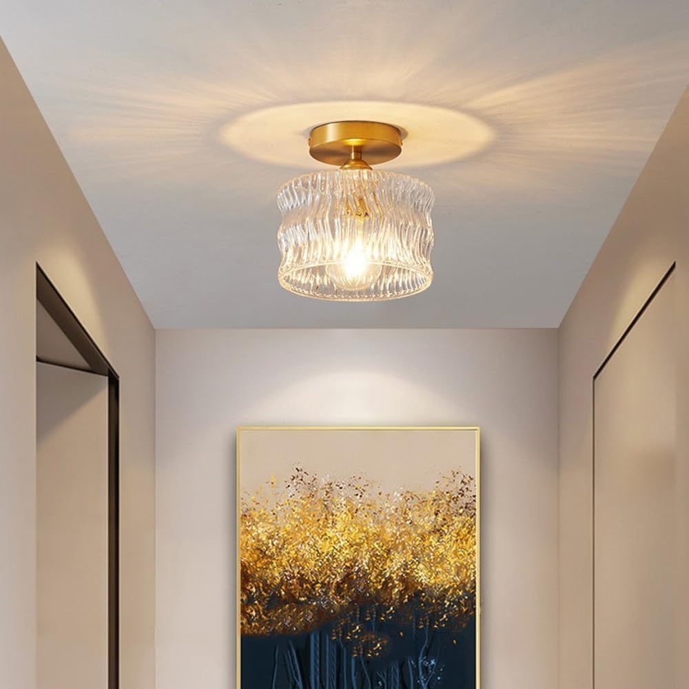 Semi-Flush Overhead Lamp with Textured Glass Dome and Brass-Tone Hardware for Low-Profile Entryways & Bedrooms