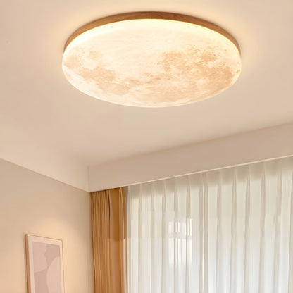 Round Flush Mount LED Fixture Moon Surface Wood & Acrylic 19 in Diameter Low Profile for Bedroom Living Room Hallway Ambient Lighting Japand