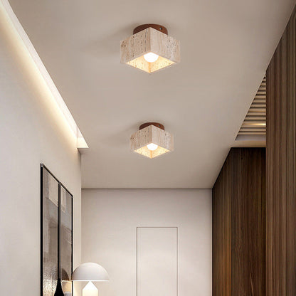 Flush Mount Stone & Wood Light Fixture 10 in Round Natural Beige for Low Ceilings Bedroom Entryway Cozy Overhead Lighting E26 Base