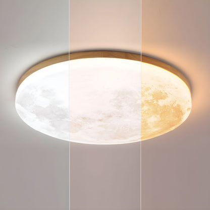 Round Flush Mount LED Ceiling Light with Lunar Surface Design Wood & Acrylic 19 in Diameter for Bedrooms Living Rooms Hallways Modern Ambien