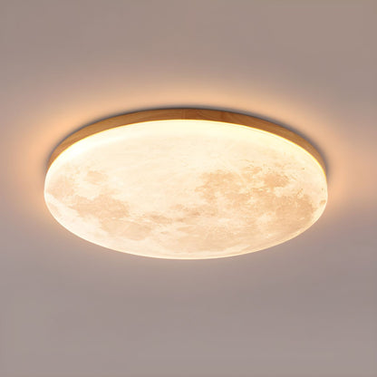 Round Flush Mount LED Fixture Moon Surface Wood & Acrylic 19 in Diameter Low Profile for Bedroom Living Room Hallway Ambient Lighting Japand