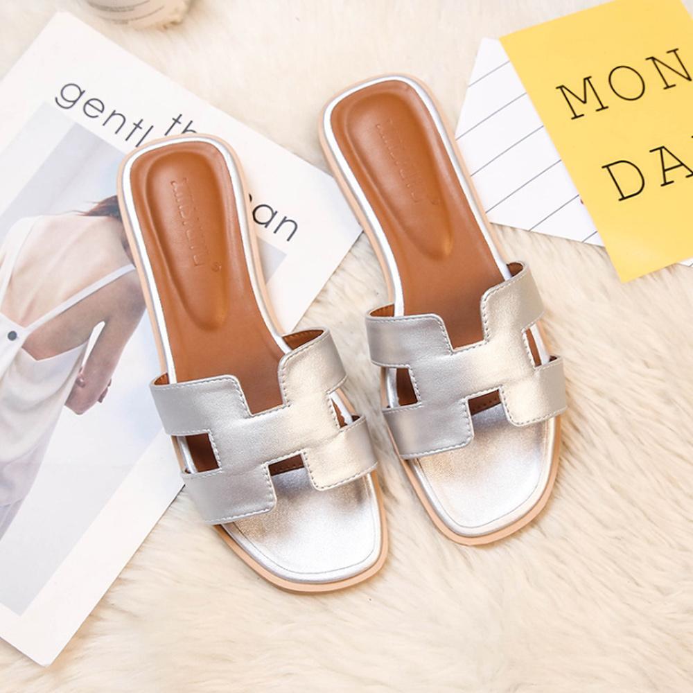 Women's Slip-On Sandals Flat Synthetic Leather Slide Slippers White Black Brown Pink Gold for Summer Beach Casual Everyday