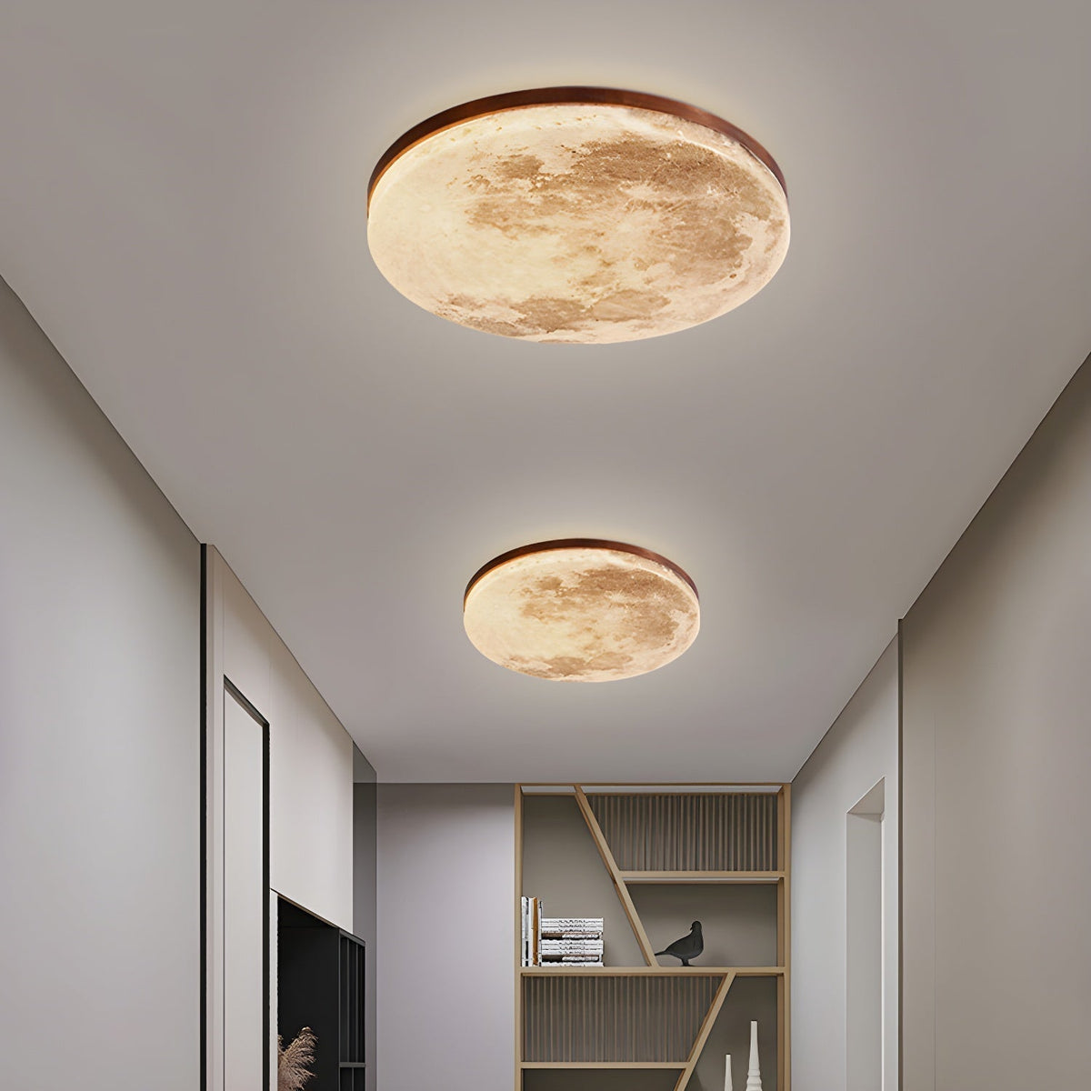 Round Flush Mount LED Fixture Moon Surface Wood & Acrylic 19 in Diameter Low Profile for Bedroom Living Room Hallway Ambient Lighting Japand