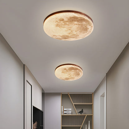 Round Flush Mount LED Fixture Moon Surface Wood & Acrylic 19 in Diameter Low Profile for Bedroom Living Room Hallway Ambient Lighting Japand
