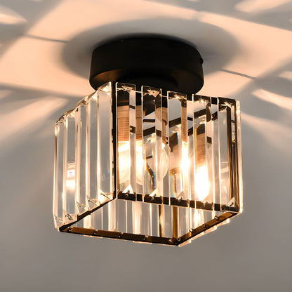 Square Brass Ceiling Light with Crystal Glass Cover – Modern Flush Mount Fixture for Bedroom, Hallway, Living Room & Home Office – E27