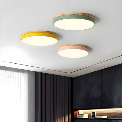 Round Wood Flush Mount LED Ceiling Light 3-Color Dimmable Scandinavian Style for Living Room Bedroom Kitchen