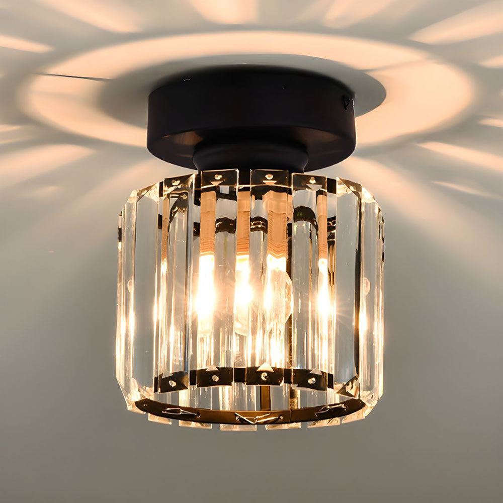 Decorative Flush Mount Light Fixture with Glass Cube and Metal Accents E27 Socket for Entryway Bedroom Small Room Ambient Overhead Lighting