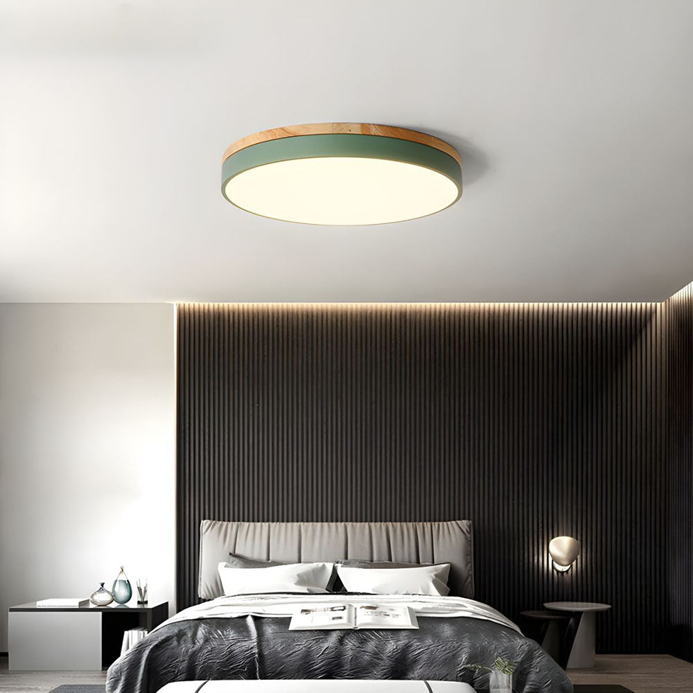 Round Wood Flush Mount LED Ceiling Light 3-Color Dimmable Scandinavian Style for Living Room Bedroom Kitchen
