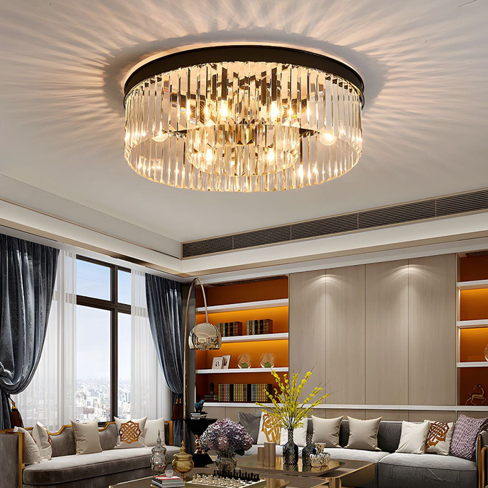 Flush Mount Crystal Chandelier 16 Inch Gold Round Overhead Light for Entryway Bedroom Dining Room 4-Bulb Semi-Flush Fixture Metallic Frame