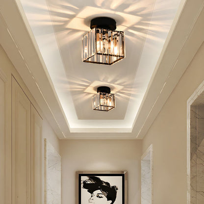 Square Brass Ceiling Light with Crystal Glass Cover – Modern Flush Mount Fixture for Bedroom, Hallway, Living Room & Home Office – E27