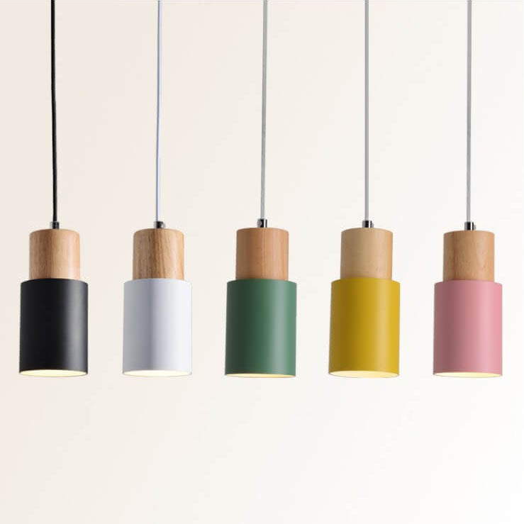 Wood Cylinder Hanging Light Fixture with Adjustable Cable for Kitchen Island Dining Room Overhead Task Lighting Modern Scandinavian Minimal