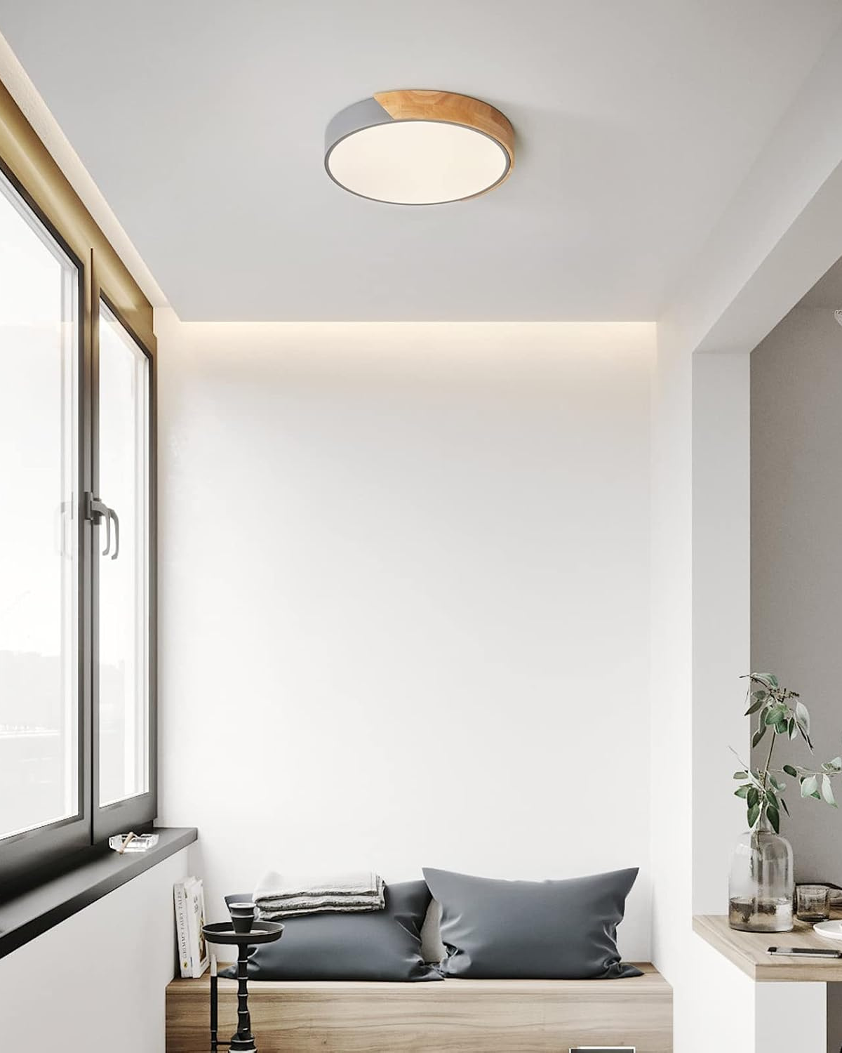 Round Flush Mount Ceiling Light with Wood Accent and Integrated LED – Modern Low Profile Fixture in 9, 12, 16, 20, and 24 inch Sizes for Liv