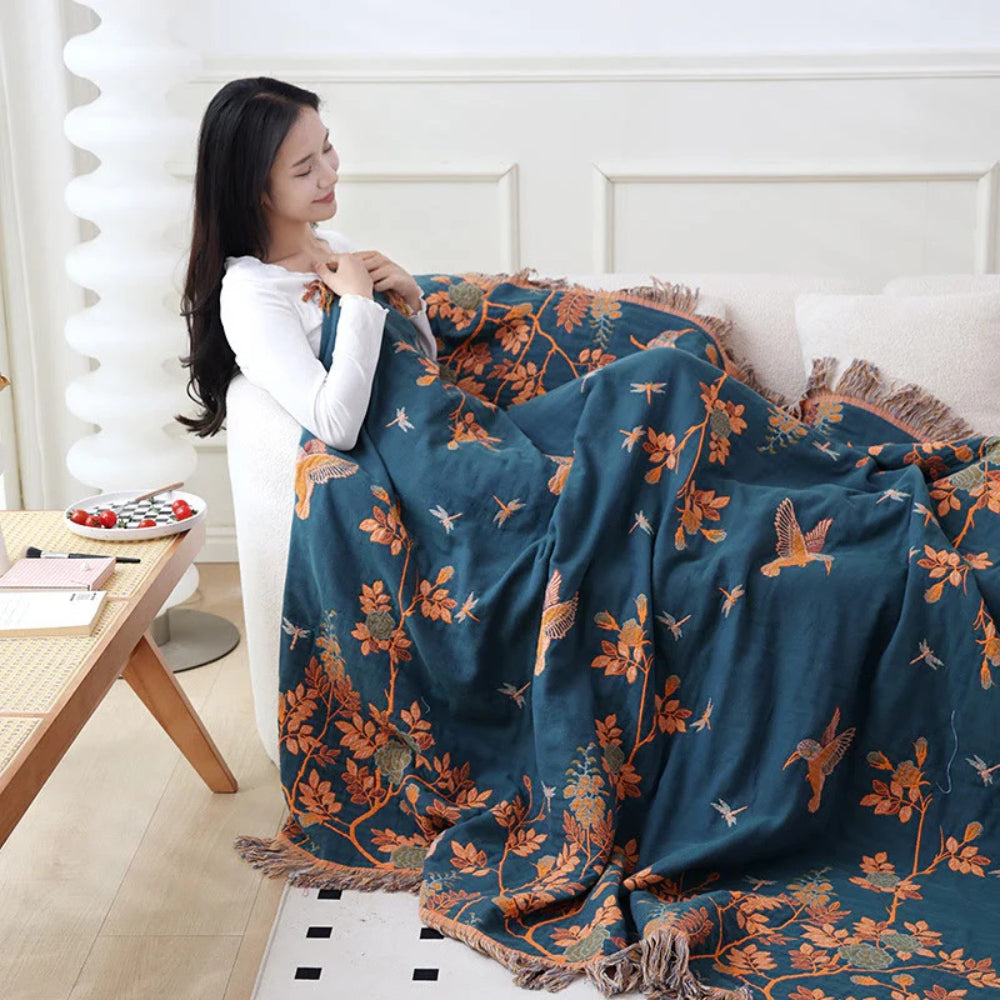 Layered Cotton Gauze Throw Blanket with Tassels – Jacquard Textured Woven Coverlet for Bed Couch Sofa Living Room Bedroom Decor