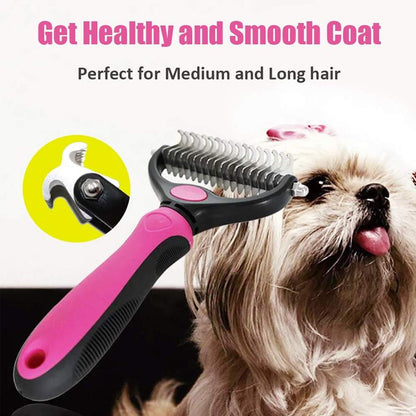 Dual-Blade Pet Deshedding Brush for Dogs & Cats – Stainless Steel Grooming Comb for Medium to Long Coats
