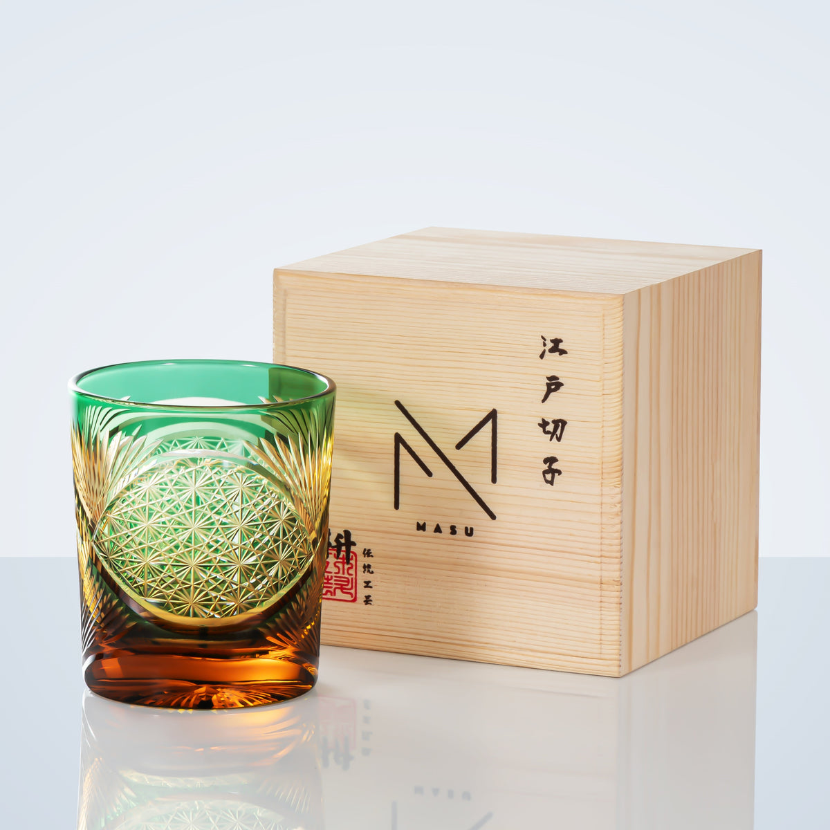 Japanese Cut Crystal Whisky Tumbler with Gift Box | Traditional Etched Pattern | Amber Colored Spirit Glass for Bourbon & Scotch | Artisan B