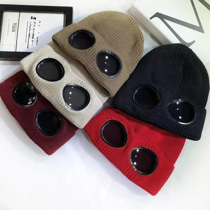 Knit Beanie with Flip-Down Goggles – Windproof Winter Hat for Outdoor Activities
