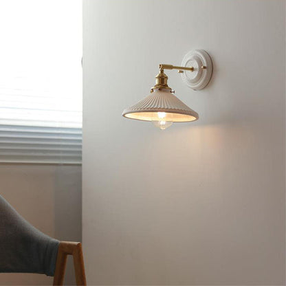 Handcrafted Porcelain Shade Brass Wall Light Fixture Single Bulb Hardwired Sconce for Bedroom Hallway Entryway Vintage Home Decor