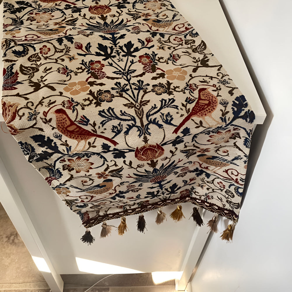 Woven Jacquard Table Runner with Tassels - Floral Bird Pattern for Dining & Coffee Tables - Vintage Countryside Design - Tassel Trim