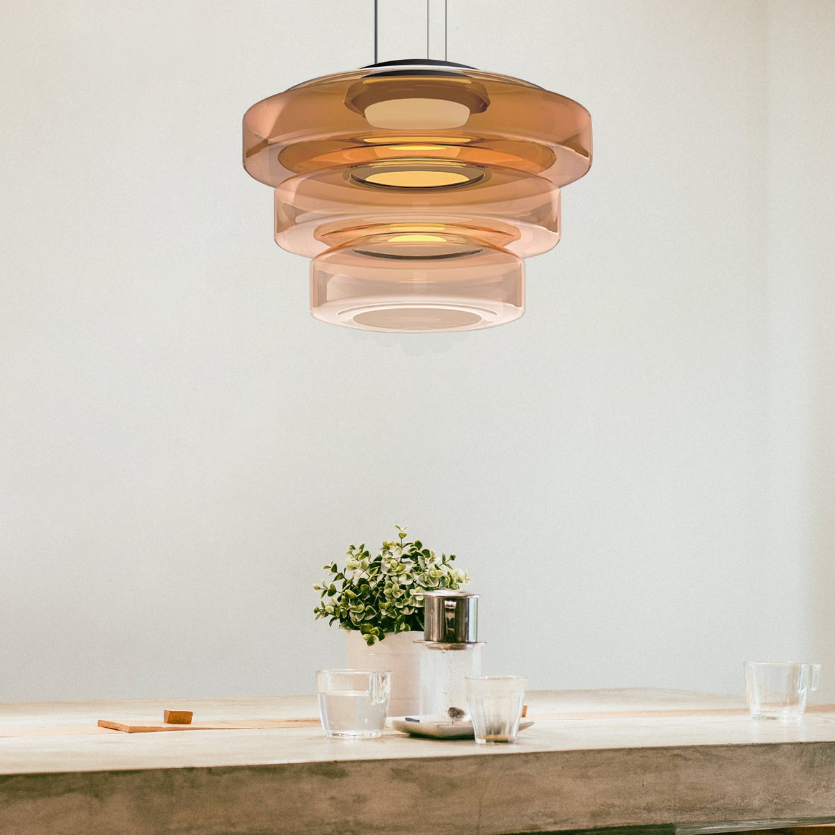 Geometric Tiered Glass Overhead Fixture 12W LED Ambient Lighting Dining Kitchen Island Adjustable Suspension Cord Architectural Style