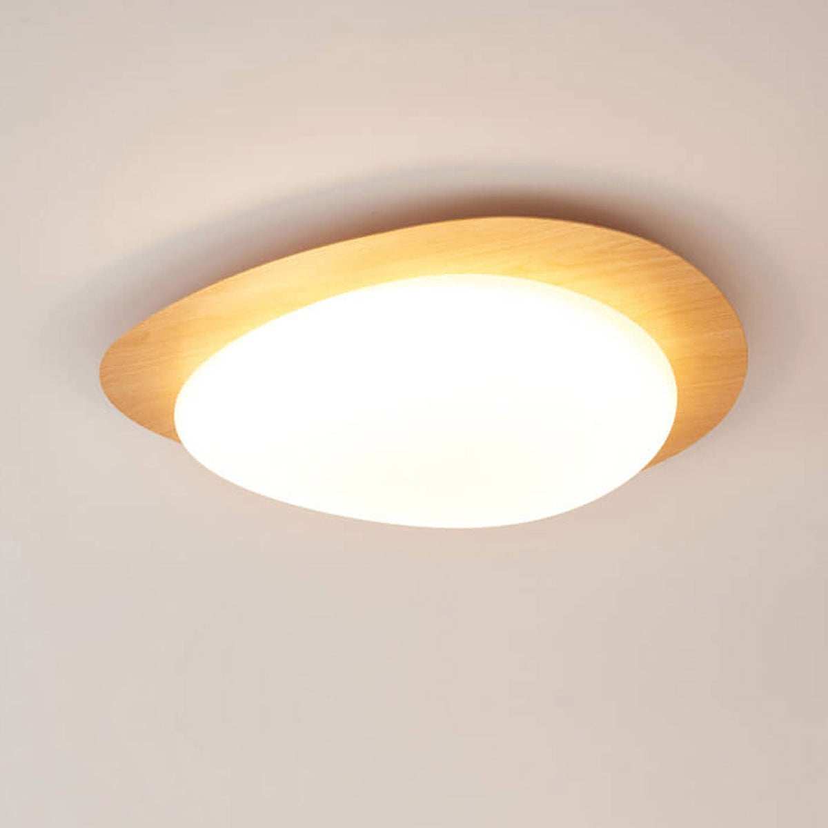 Oval Stone-Textured LED Ceiling Mount Light with Timber Finish for Bedrooms | Modern Hardwired Close-to-Ceiling Fixture for Living Rooms &