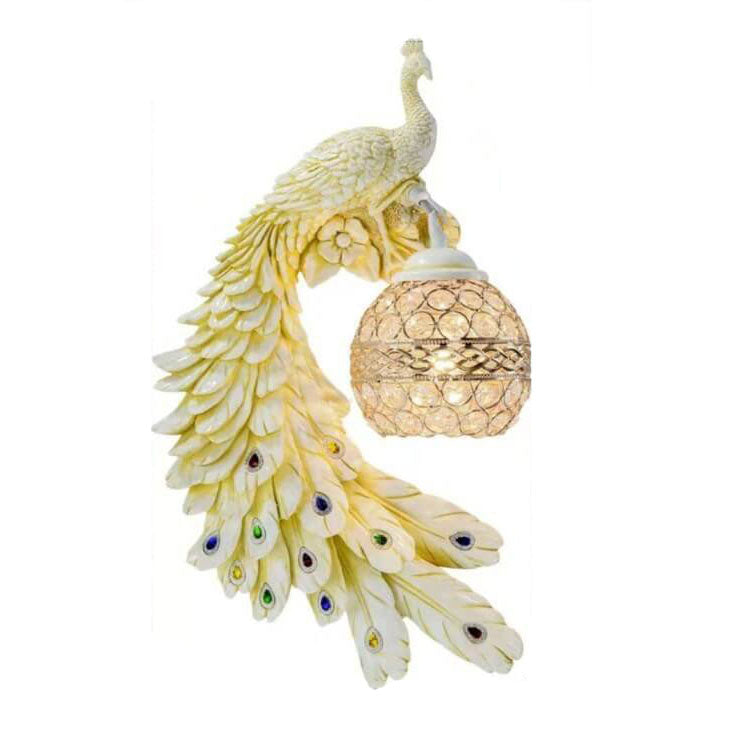 Crystal Globe Peacock Wall Light Fixture Decorative Resin Single Bulb Sconce for Bedroom Living Room Hallway Entryway Home Decor