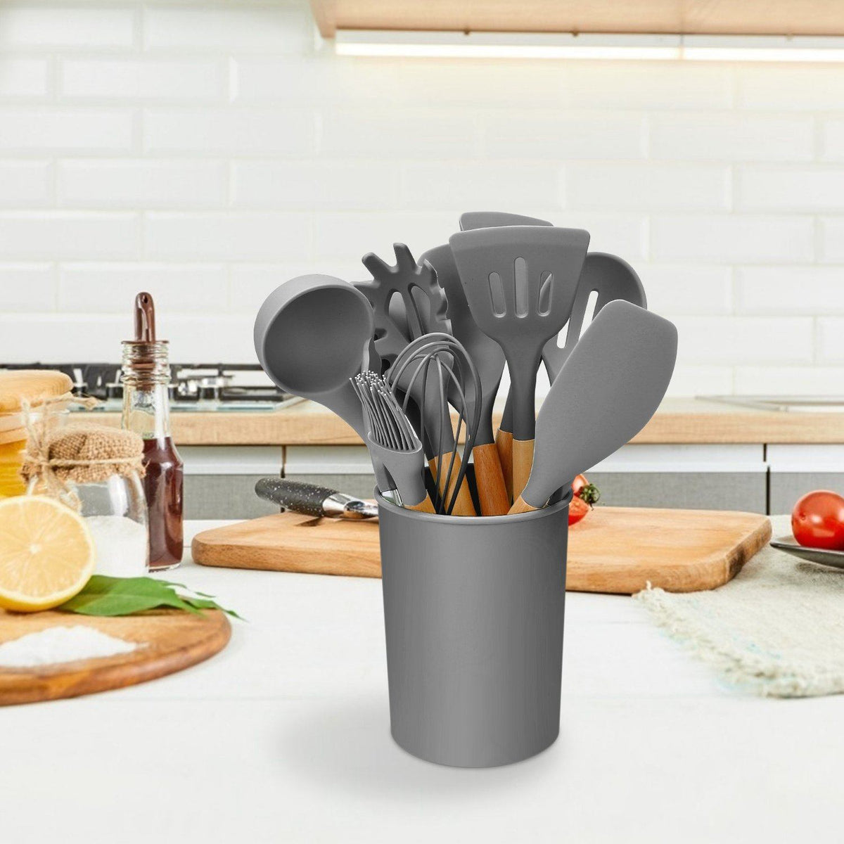 11-Piece Heat-Resistant Cooking Tool Set with Wood Handles & Holder for Nonstick Cookware