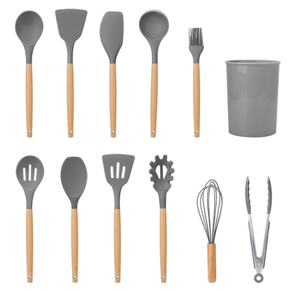 11-Piece Heat-Resistant Cooking Tool Set with Wood Handles & Holder for Nonstick Cookware