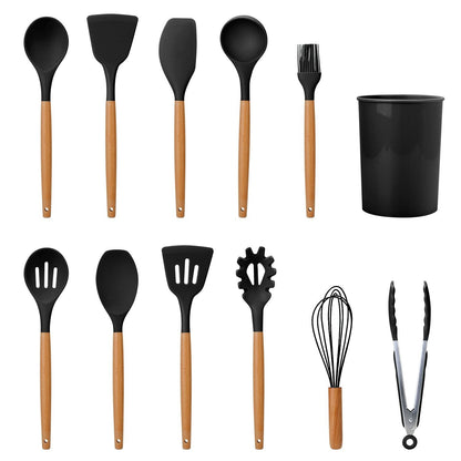 11-Piece Heat-Resistant Cooking Tool Set with Wood Handles & Holder for Nonstick Cookware