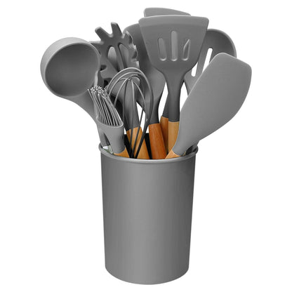 11-Piece Heat-Resistant Cooking Tool Set with Wood Handles & Holder for Nonstick Cookware