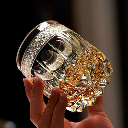 Hand-Cut Crystal Whisky Glass with Starburst Pattern, Gift-Boxed Japanese Tumbler for Spirits