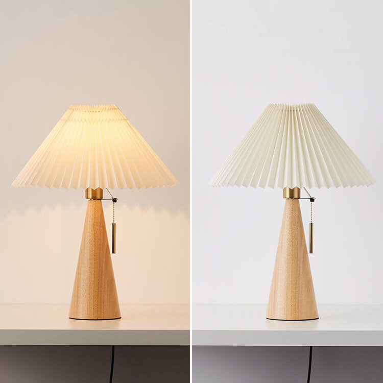 Wooden Bedside Lamp with Fabric Shade for Nightstand & Living Room Accent Lighting | 19 in Tall Asian-Inspired Design | Soft Glow E26 Base