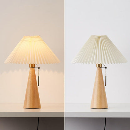 Wooden Bedside Lamp with Fabric Shade for Nightstand & Living Room Accent Lighting | 19 in Tall Asian-Inspired Design | Soft Glow E26 Base