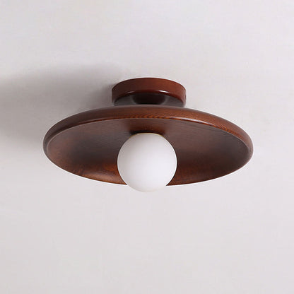 Wooden Globe LED Flush Mount Light 6 in Height Warm Glow for Bedroom Hallway Low Ceiling Compact Modern Nordic Style Natural Timber Finish A