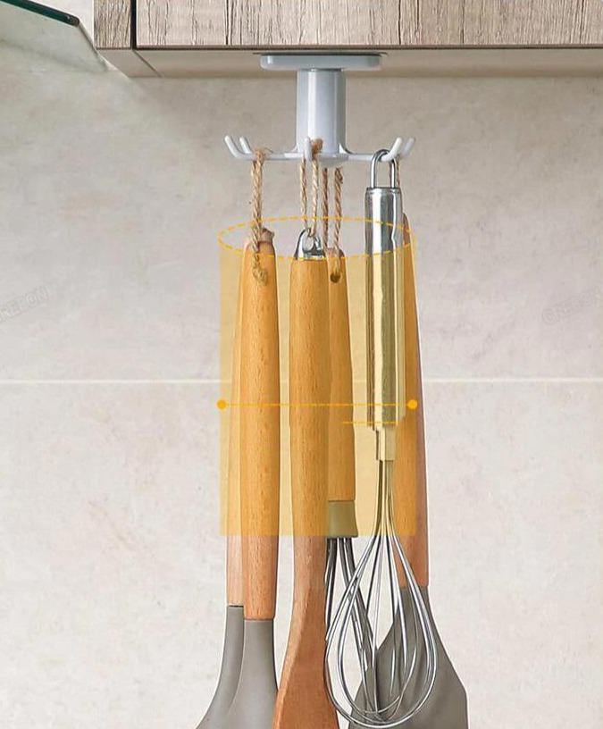 Under-Counter Rotating Kitchen Utensil Storage 6-Hook Organizer