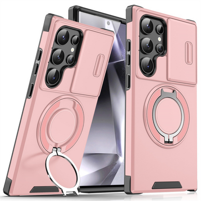 Magnetic Phone Case with Sliding Camera Cover & Kickstand Ring for Samsung Galaxy S-Series | MagSafe Compatible Protective Bumper Shell