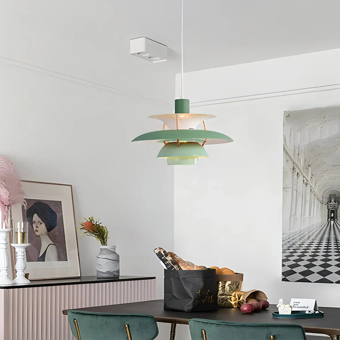 Layered Metal Pendant Light E27 Socket Minimalist Hanging Fixture for Kitchen Island Dining Table Nordic Style Ambient Ceiling Lamp Green Gr