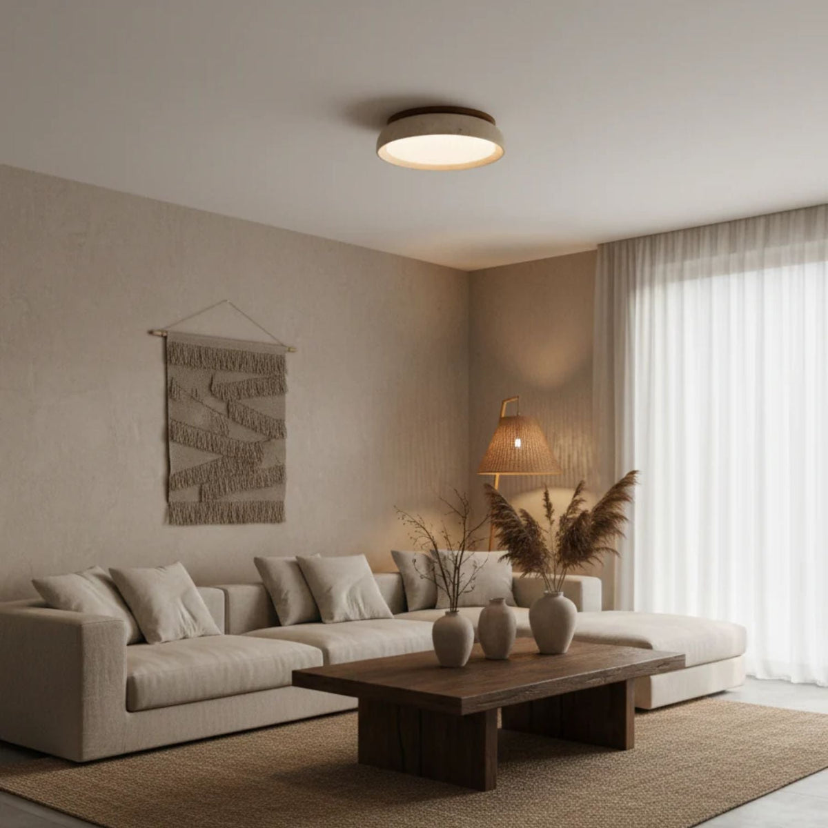 Flush Mount LED Overhead Light with Natural Stone & Wood Accents for Bedrooms, Hallways & Low Ceilings – Warm 3000K Glow, Scandinavian Minim