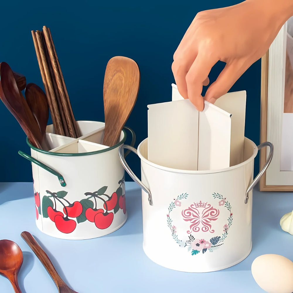 Fiora Utensil Holder - Cast Iron with Divider Lid, Vintage Floral Design
