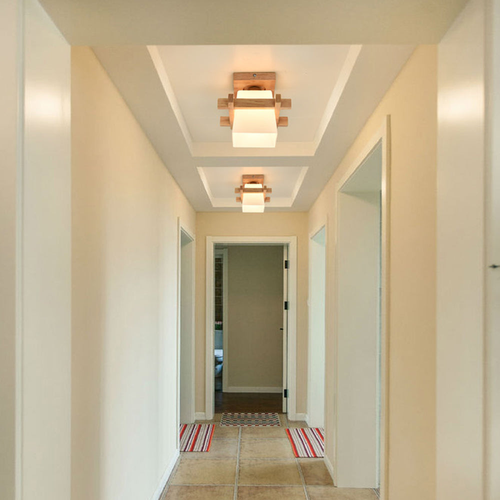 Square Flush Mount Overhead Light Fixture E27 Socket 7.9 Inch White Wood Accent for Bedroom Hallway Living Room Minimalist Scandinavian Mode