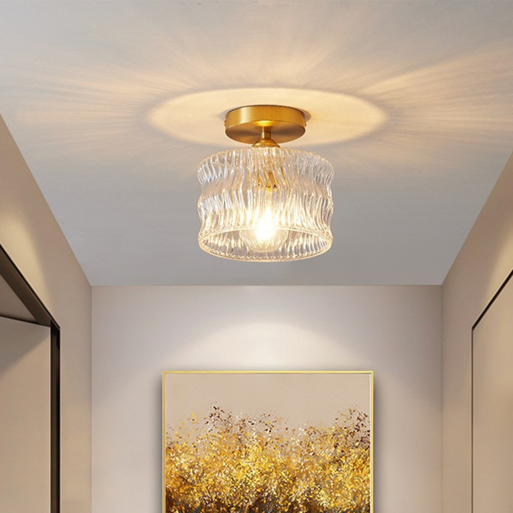 Semi-Flush Overhead Lamp with Textured Glass Dome and Brass-Tone Hardware for Low-Profile Entryways & Bedrooms
