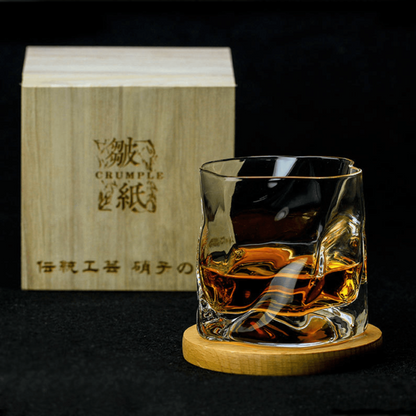 Hand-Cut Crystal Rocks Glass with Textured Facets for Bourbon Scotch & Spirits in Wood Box for Collectors