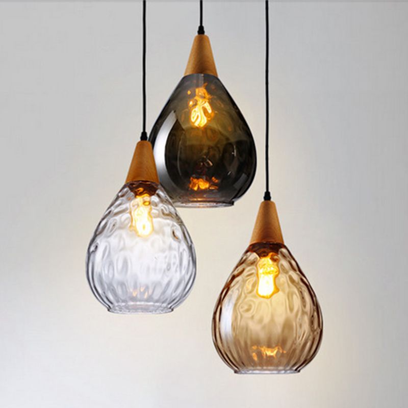 Glass & Wood Drop Ceiling Fixture with Adjustable Cord for Kitchen Island, Dining Room & Living Area | Hardwired E26 Socket | Indoor Overhea