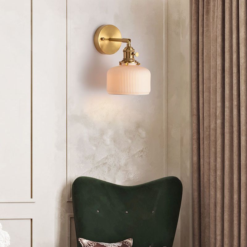 Ceramic Wall Sconce with Geometric Metal Mount – White Hardwired Fixture for Bedroom, Hallway & Bath