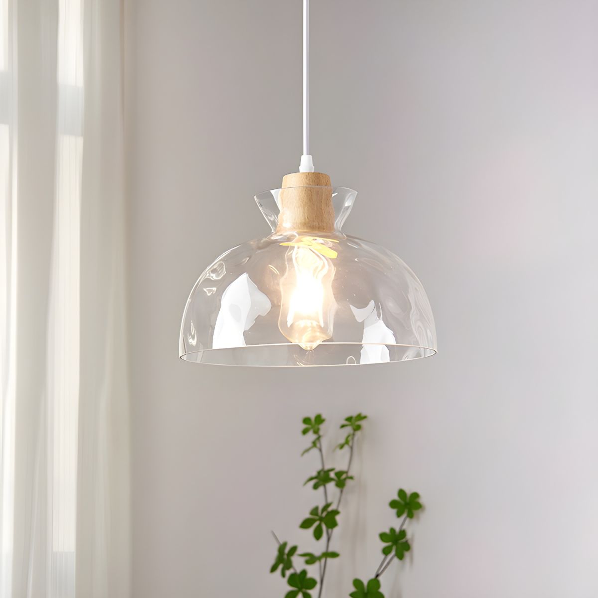 Wood & Glass Drop Light for Counter | Adjustable Height Cord Fixture with Clear Textured Shade | Nordic Style