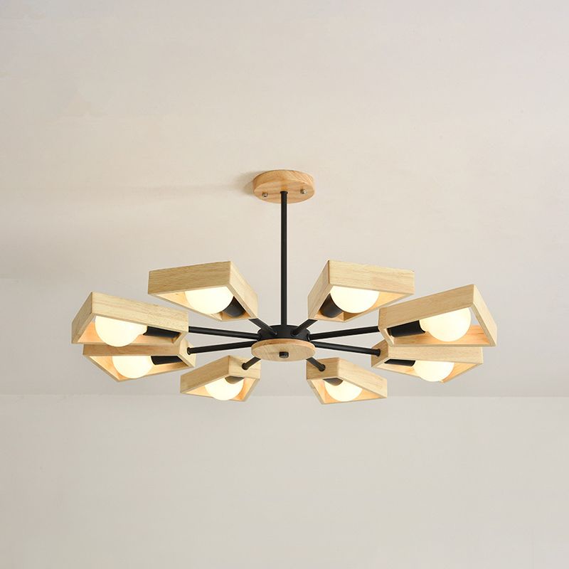Sputnik Chandelier with Wood Accents - Mid-Century Modern Ceiling Light for Living Room & Dining Room - Geometric Metal Frame Design