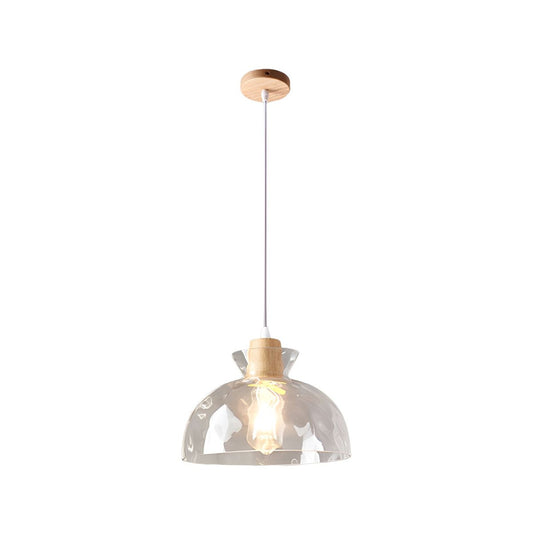 Wood & Glass Drop Light for Counter | Adjustable Height Cord Fixture with Clear Textured Shade | Nordic Style