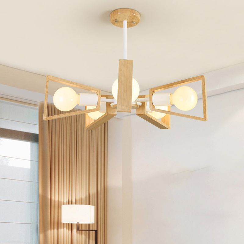 Sputnik Chandelier with Wood Accents - Mid-Century Modern Ceiling Light for Living Room & Dining Room - Geometric Metal Frame Design